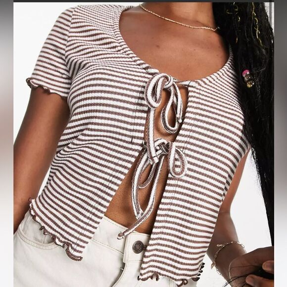 New Look striped double tie front cardi with lettuce edge in brown 6 NWT in pakg - Picture 4 of 7